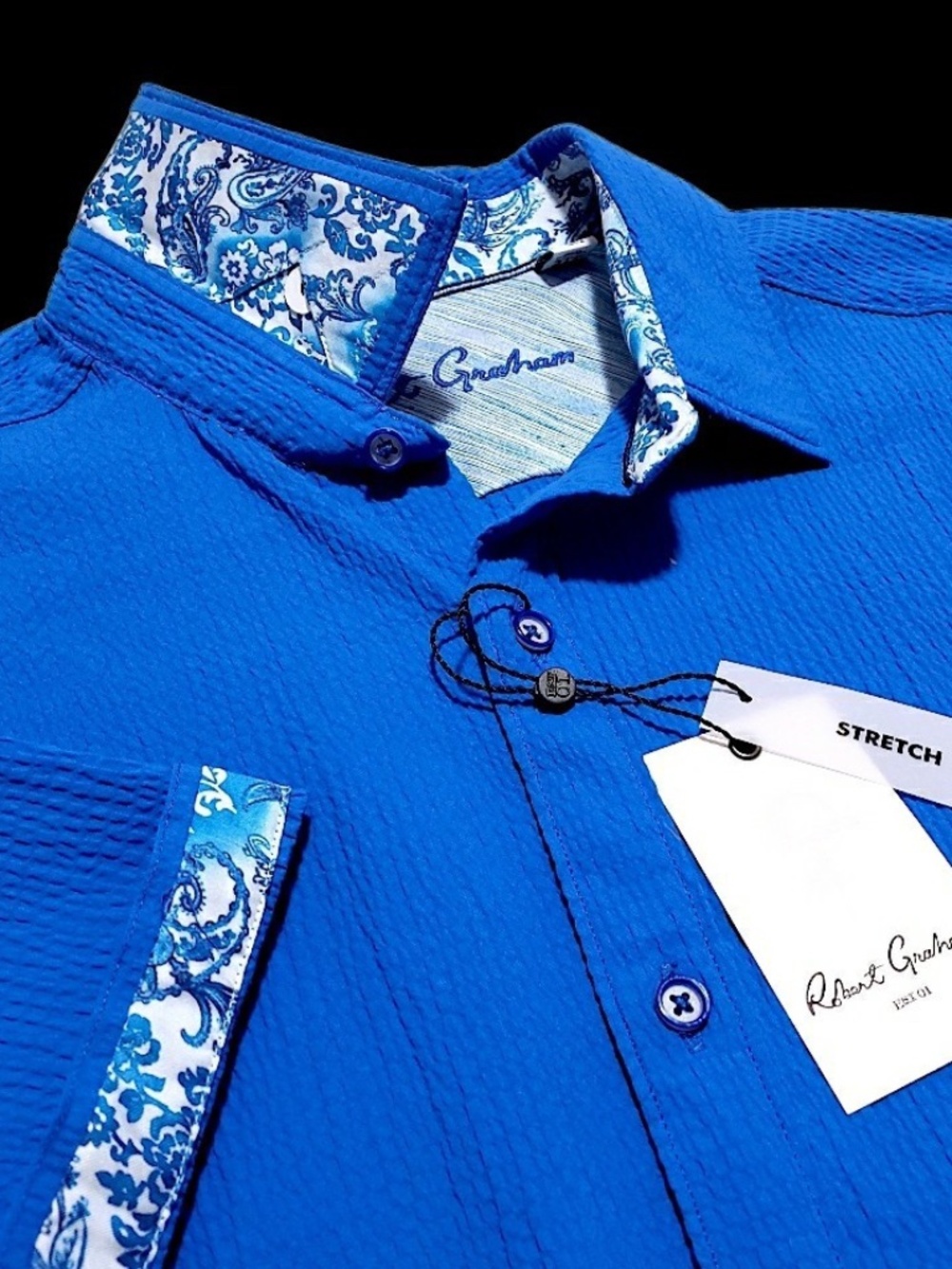 NEW Robert Graham Solid Paisley Short Sleeve Large Blue Seersucker Stretch Shirt